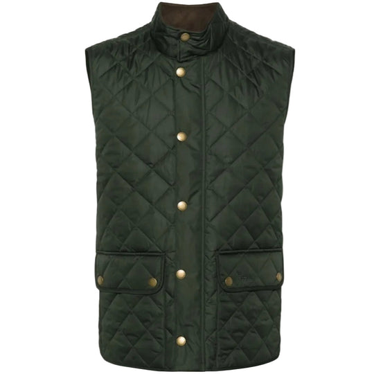 Green quilted vest with button details on a white background