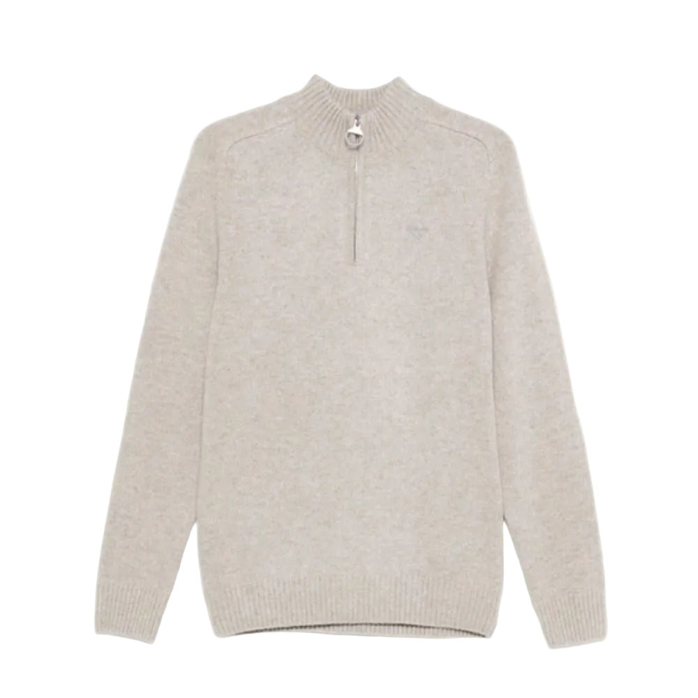 Beige sweater with a quarter zip on a white background