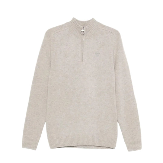 Beige sweater with a quarter zip on a white background