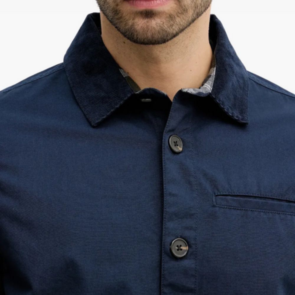 Navy blue jacket with collar and buttons on a white background