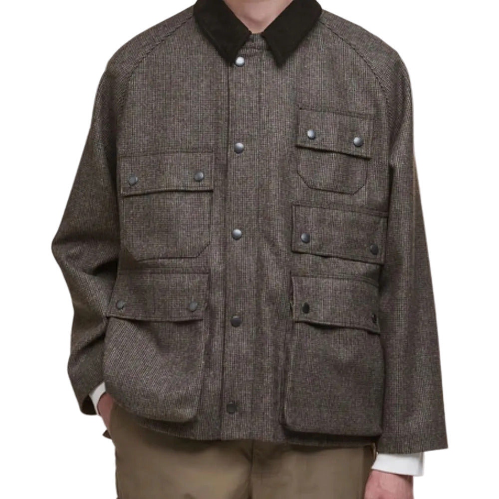 Brown textured jacket with black collar and buttons on a white background