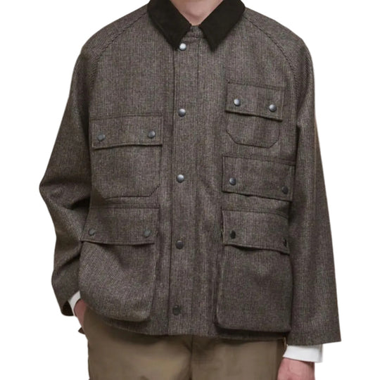 Brown textured jacket with black collar and buttons on a white background
