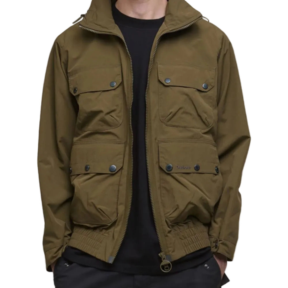 Brown jacket with multiple pockets on a white background