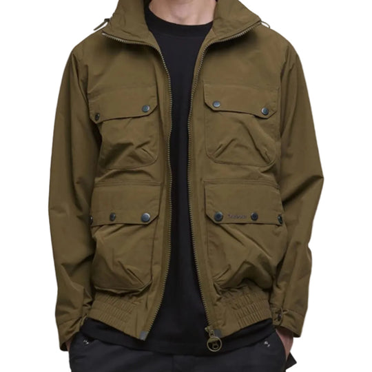 Brown jacket with multiple pockets on a white background