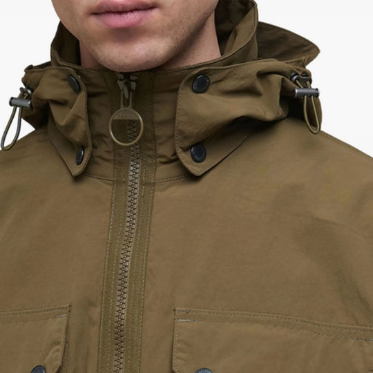 Close-up of a brown jacket with a hood on a white background