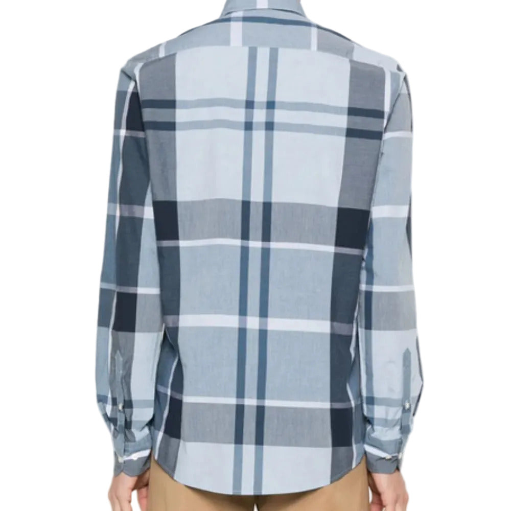 Plaid shirt with blue and gray pattern on a white background