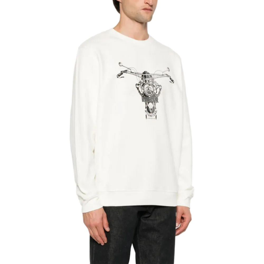 Person wearing a white sweatshirt with a graphic design on a plain background