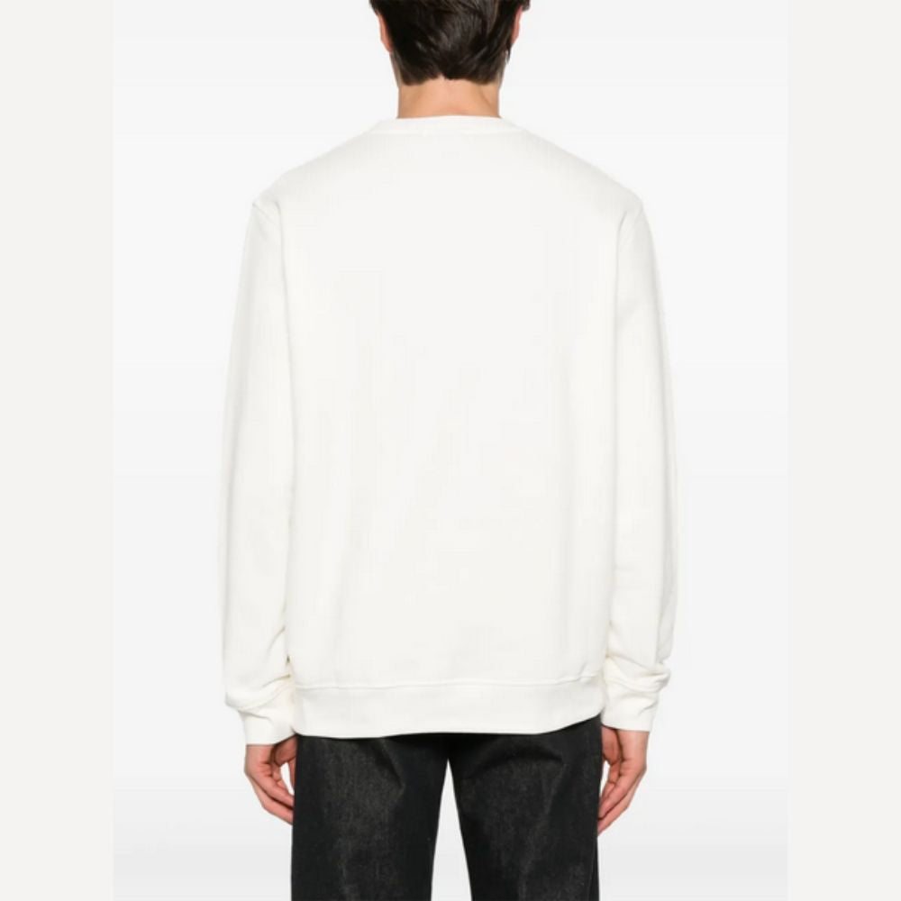 Person wearing a white sweatshirt on a plain background