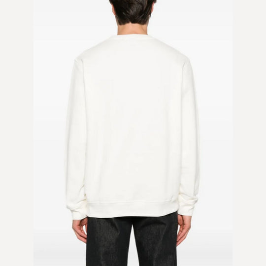 Person wearing a white sweatshirt on a plain background