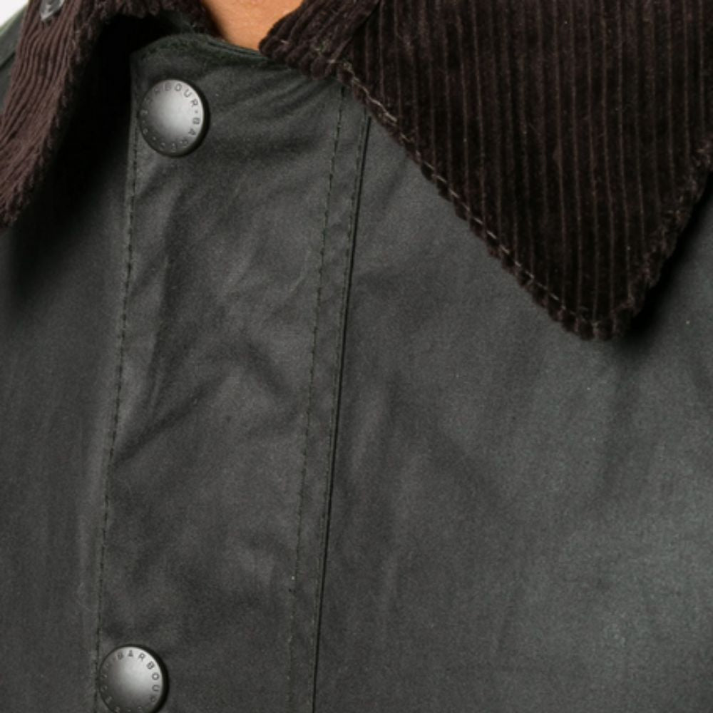 Close-up of a dark gray jacket with brown corduroy collar and silver buttons.