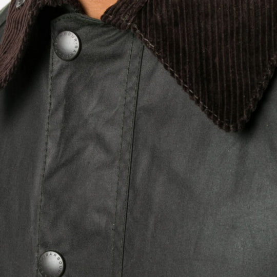 Close-up of a dark gray jacket with brown corduroy collar and silver buttons.