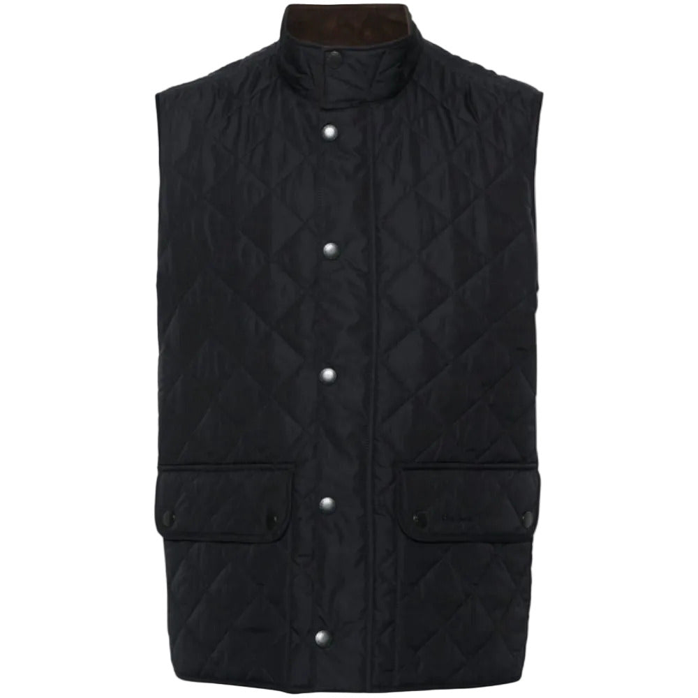 Black quilted vest with button details on a white background