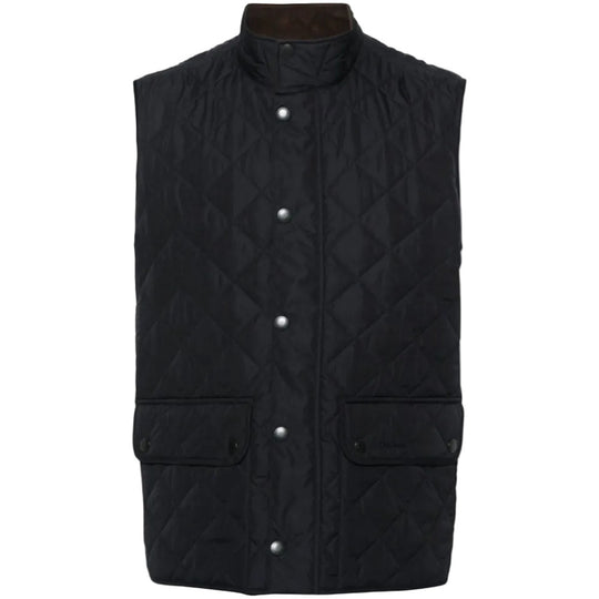 Black quilted vest with button details on a white background