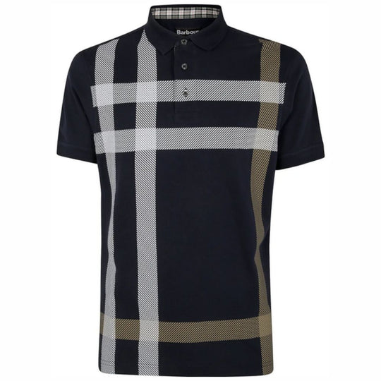 BARBOUR Tailored Marl Cotton Polo Shirt with Signature Check Pattern in Navy Blue