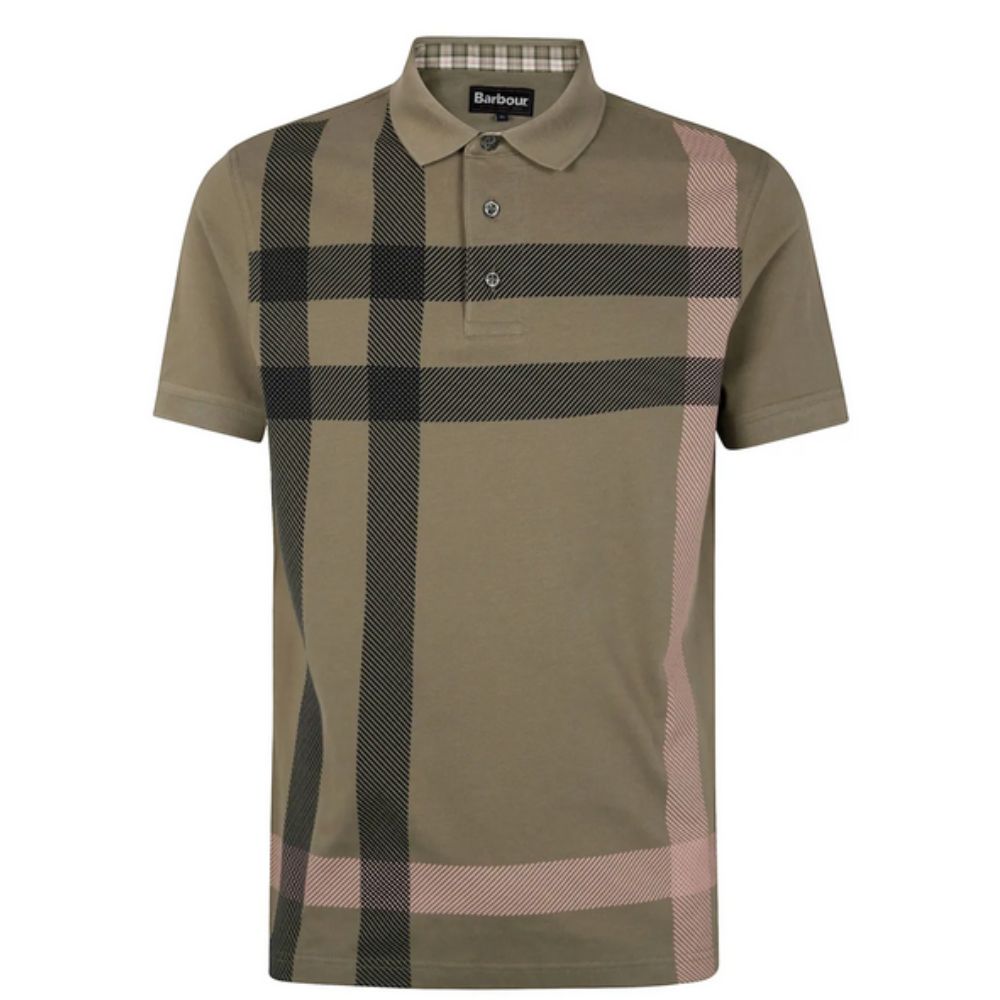 BARBOUR Tailored Marl Cotton Polo Shirt with Signature Check Pattern in Olive Green