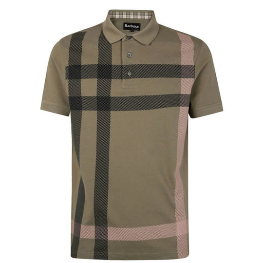 BARBOUR Tailored Marl Cotton Polo Shirt with Signature Check Pattern in Olive Green