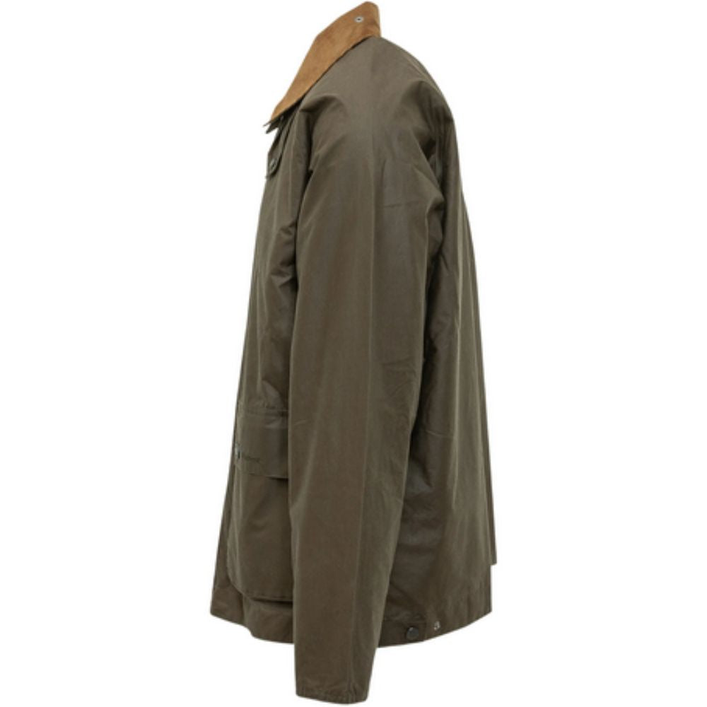 Green jacket with a brown collar on a white background