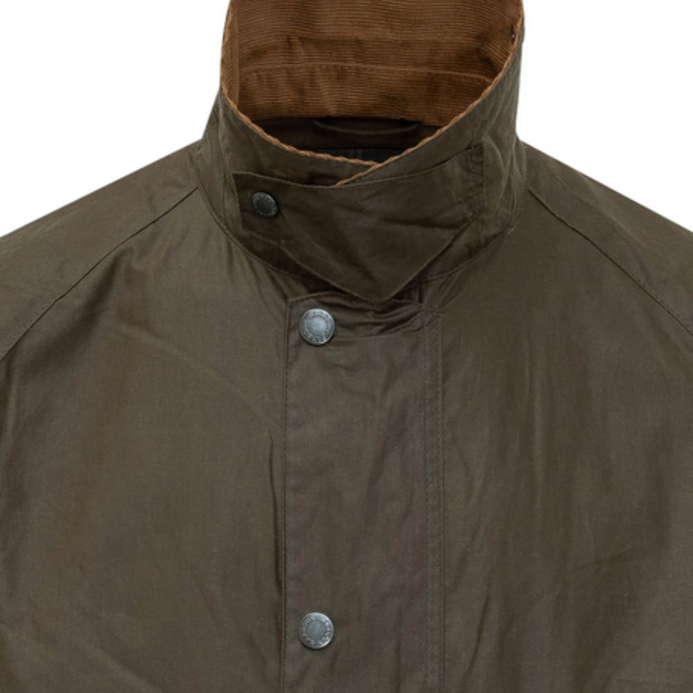 Green jacket with a high collar and button details on a white background