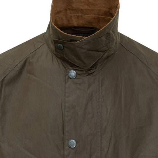 Green jacket with a high collar and button details on a white background