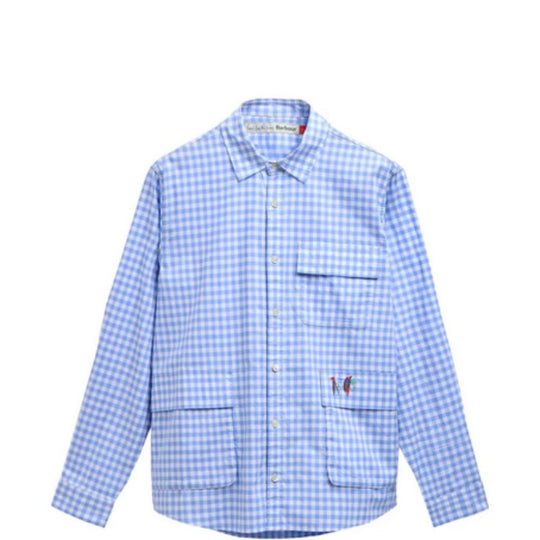 Blue checkered shirt with a pocket on a white background