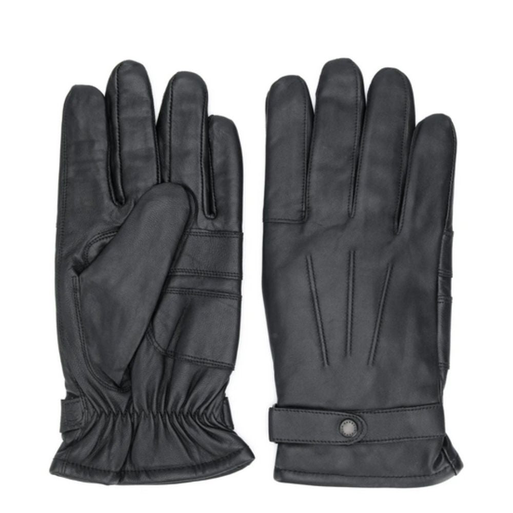 Pair of black leather gloves on a white background