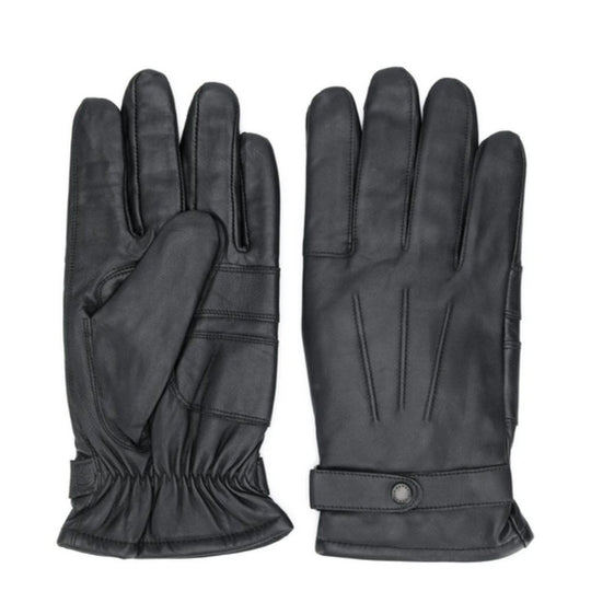 Pair of black leather gloves on a white background