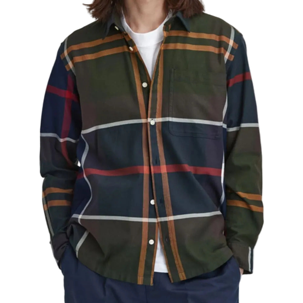 Person wearing a plaid shirt with a colorful pattern on a white background