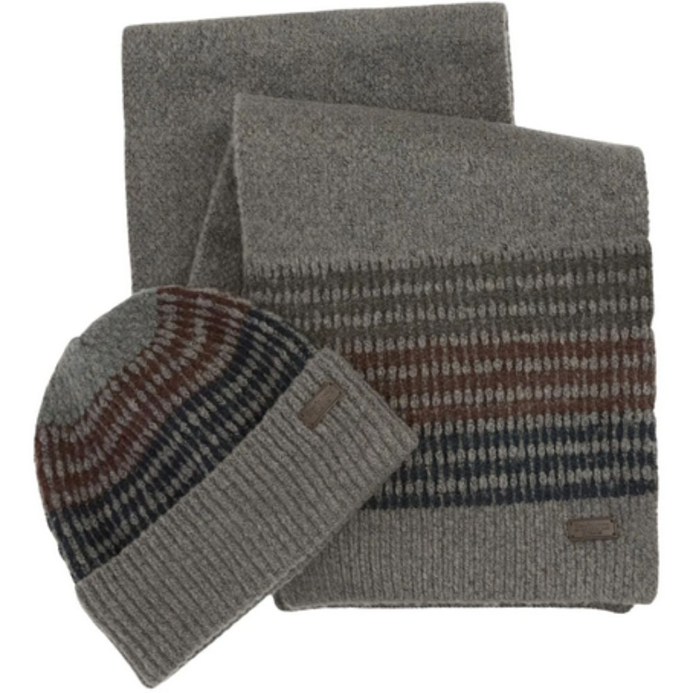 Gray knit hat and scarf set on a white background