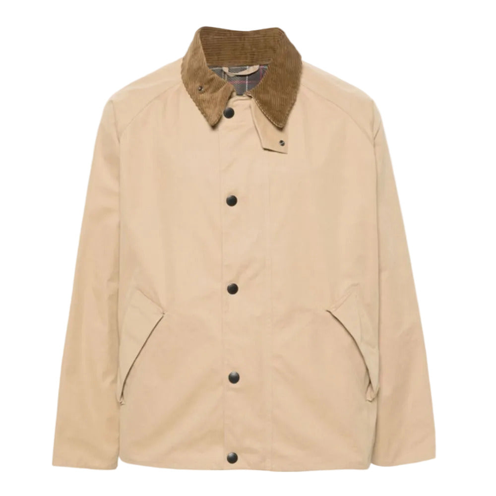BARBOUR Neutral Gabardine-Weave Jacket with Corduroy Collar and Front Press-Stud Fastening