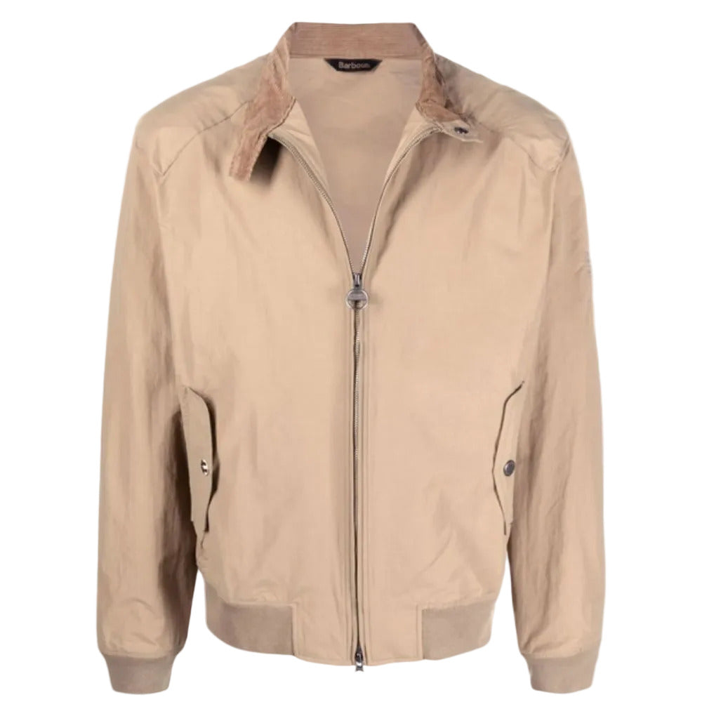 BARBOUR Tan Round-Neck Bomber Jacket with Front Zip Fastening and Flap Pockets