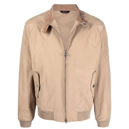 BARBOUR Tan Round-Neck Bomber Jacket with Front Zip Fastening and Flap Pockets