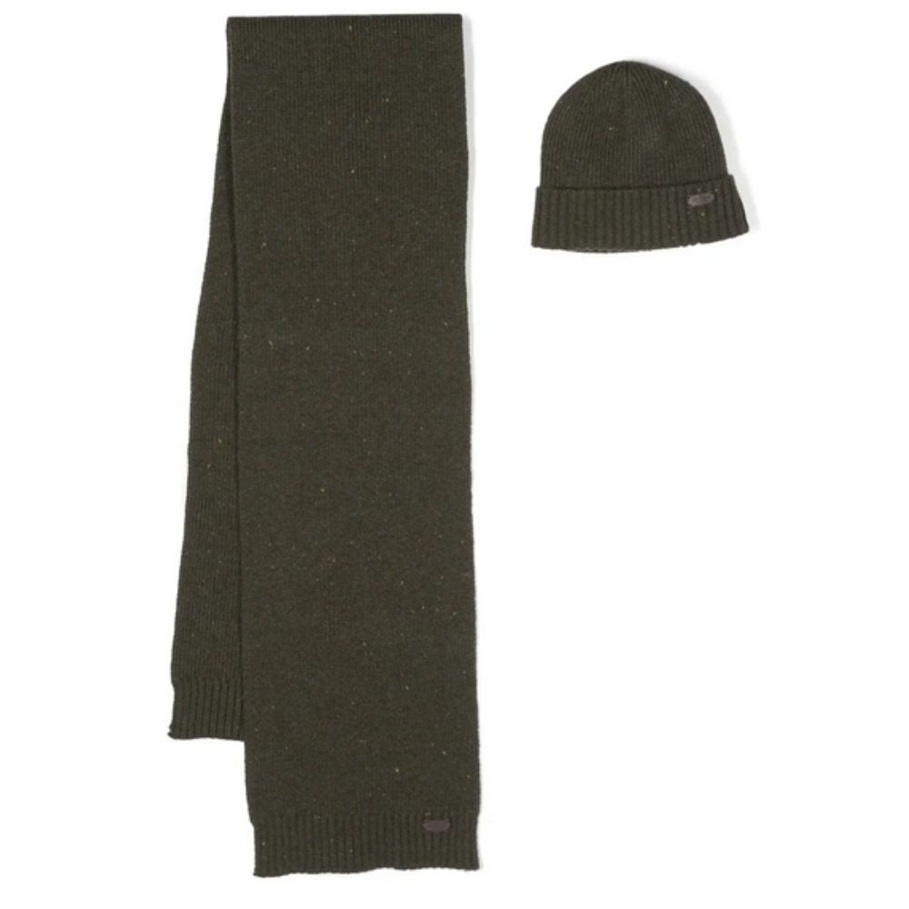 BARBOUR Warm, Olive-Green Scarf And Beanie Set With Wool-Blend Knit And Ribbed Detailing