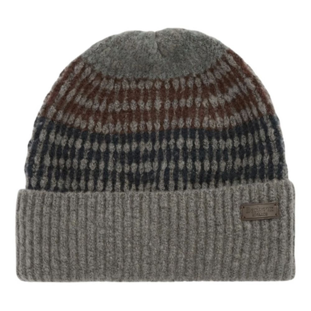 Knitted beanie with multicolor pattern on a white background
