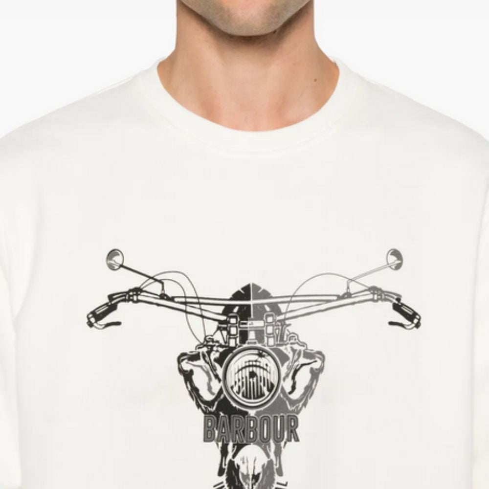 White t-shirt with black motorcycle graphic and 'Barbour' branding