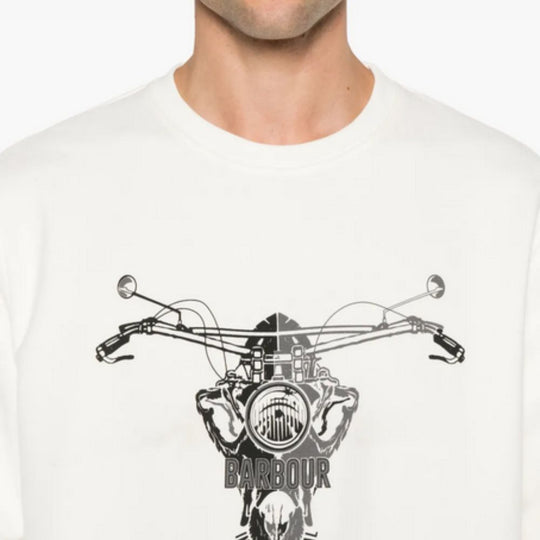 White t-shirt with black motorcycle graphic and 'Barbour' branding