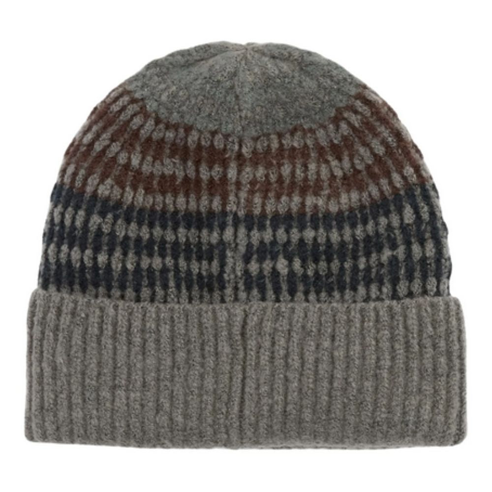 Knitted beanie with patterned top on a white background