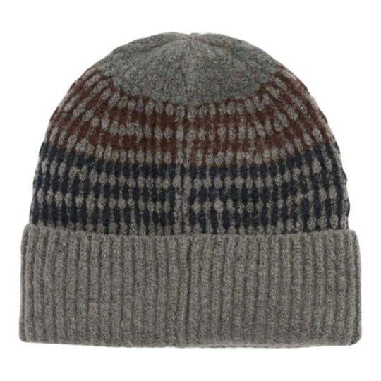 Knitted beanie with patterned top on a white background