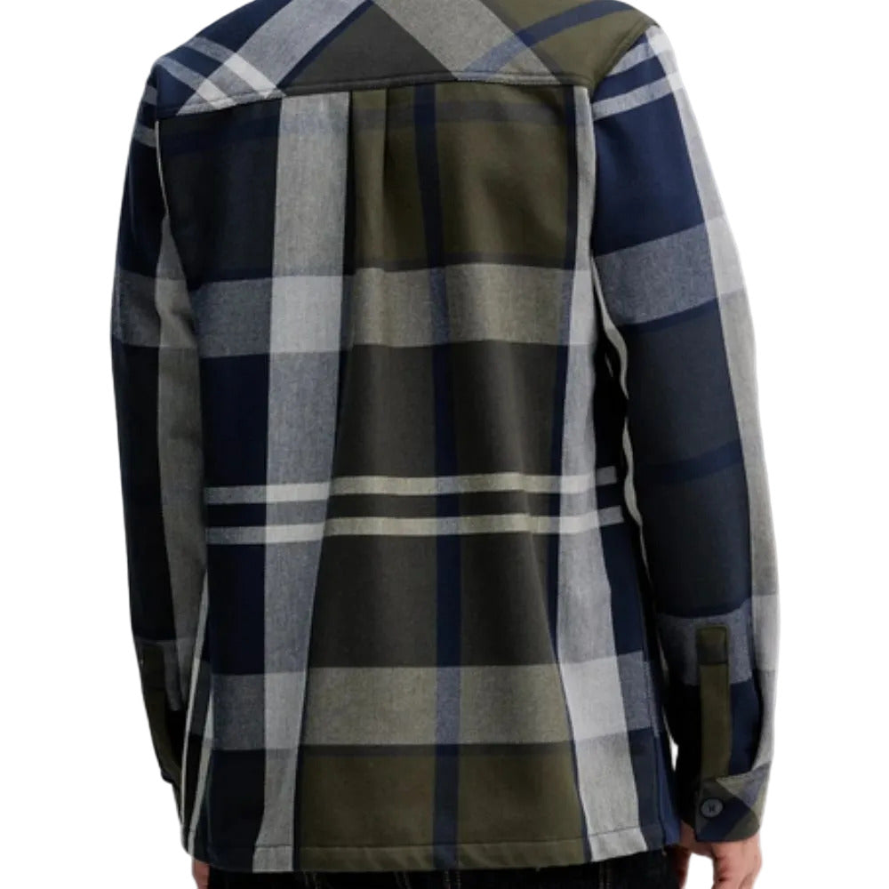 Plaid shirt with a mix of blue, green, and gray colors on a white background
