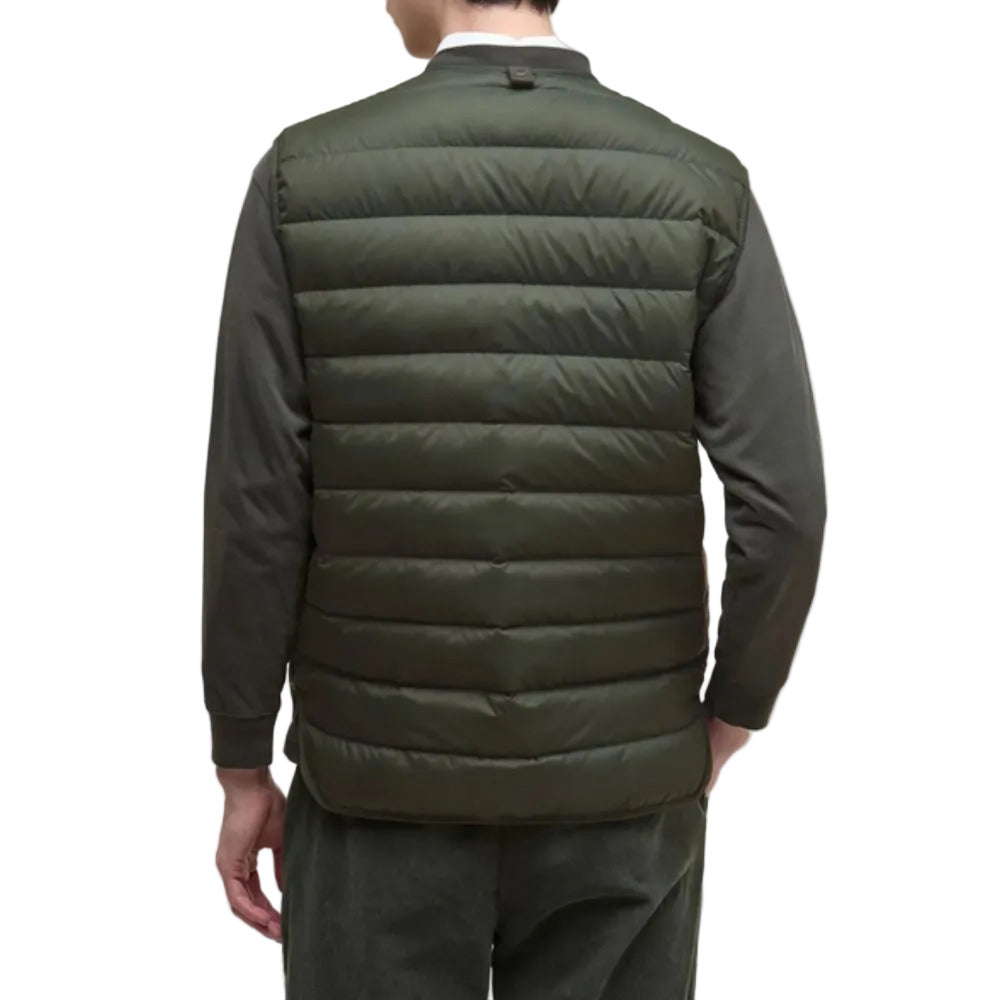 Rear view of  a person wearing BARBOUR Versatile Sage Liner-Style Jacket With Zip Fastening And Button Rear Detail 