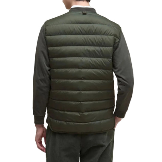 Rear view of  a person wearing BARBOUR Versatile Sage Liner-Style Jacket With Zip Fastening And Button Rear Detail 