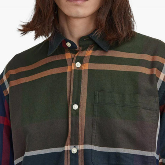 Person wearing a plaid shirt with a focus on the collar and buttons.