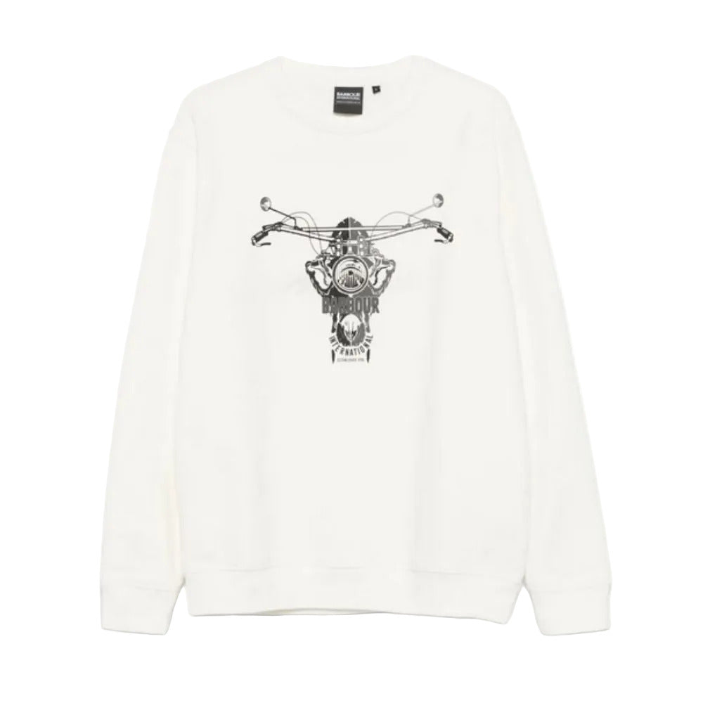 White sweatshirt with black graphic design on a white background