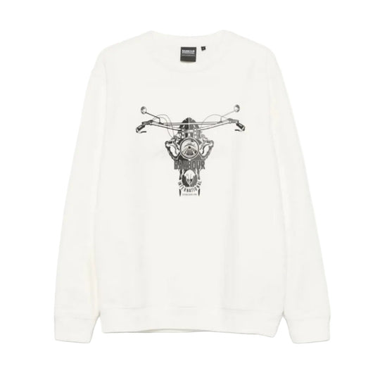 White sweatshirt with black graphic design on a white background