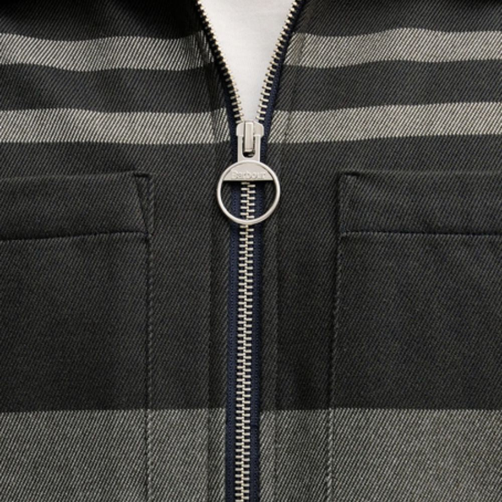 Close-up of a zipper on a black and gray striped jacket