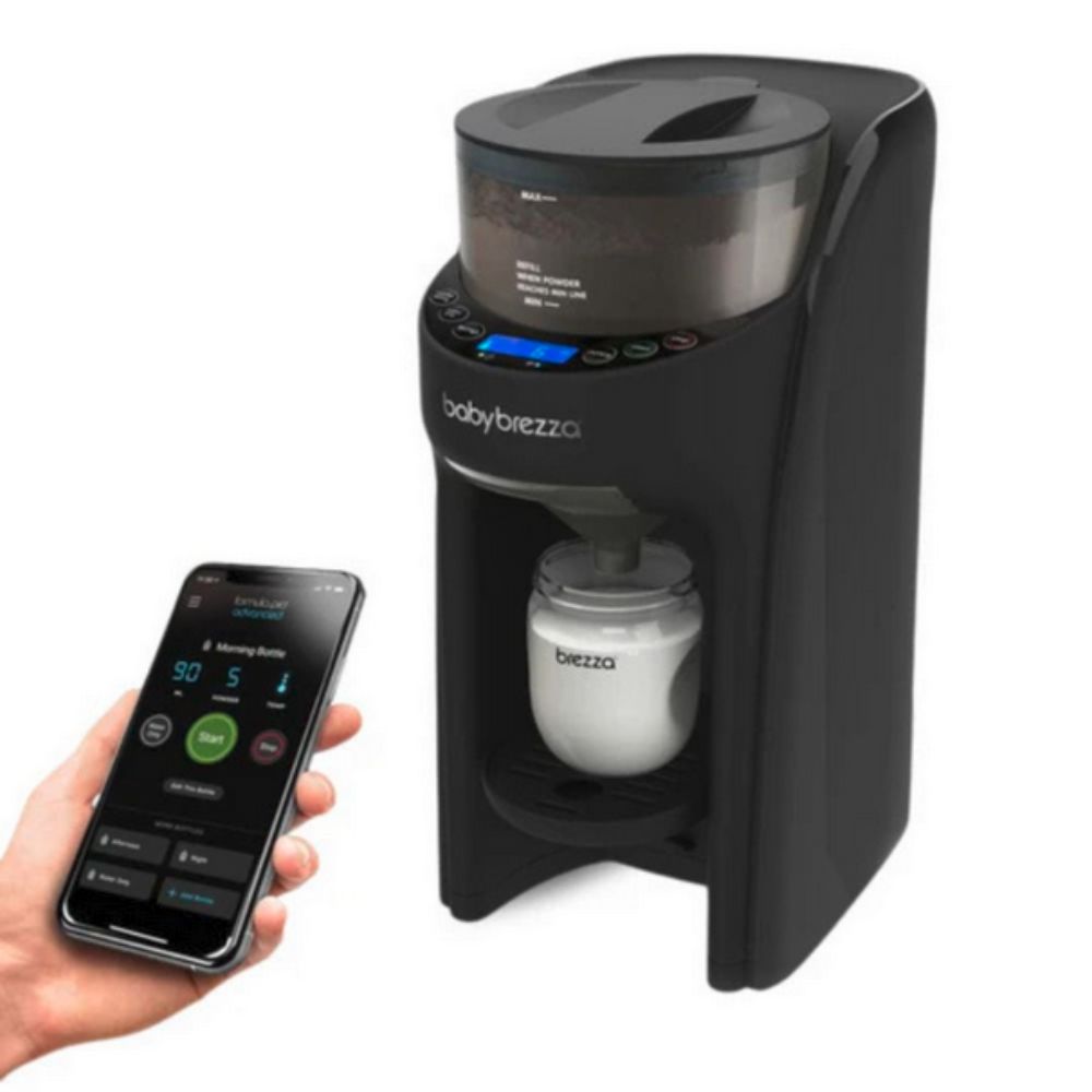 Black baby bottle warmer with smartphone app interface on a white background