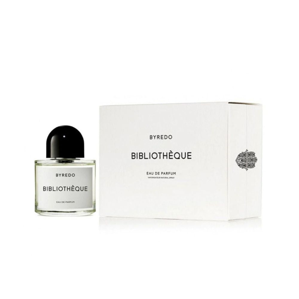 An EDP 100mL bottle of Bibliotheque by Byredo along with its Box