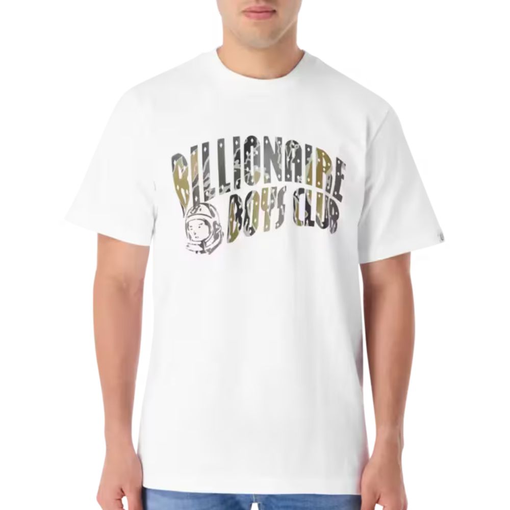 A male model wearing Billionaire Boys Club Camo Arch Logo T-Shirt