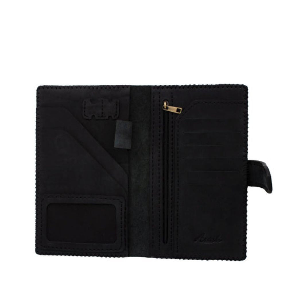 Black wallet with zipper and card slots on a white background
