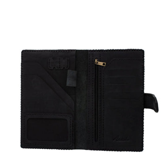 Black wallet with zipper and card slots on a white background