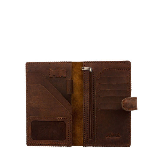 Brown leather wallet with stitching details on a white background